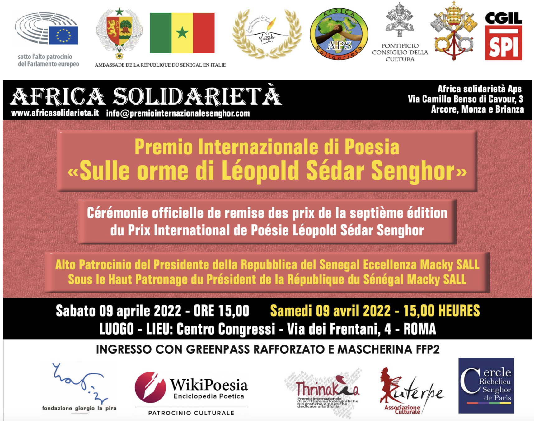 locandina del Premio Internazionale di Poesia "Sulle orme di Léopold Sédar Senghor" 9 aprile 2022